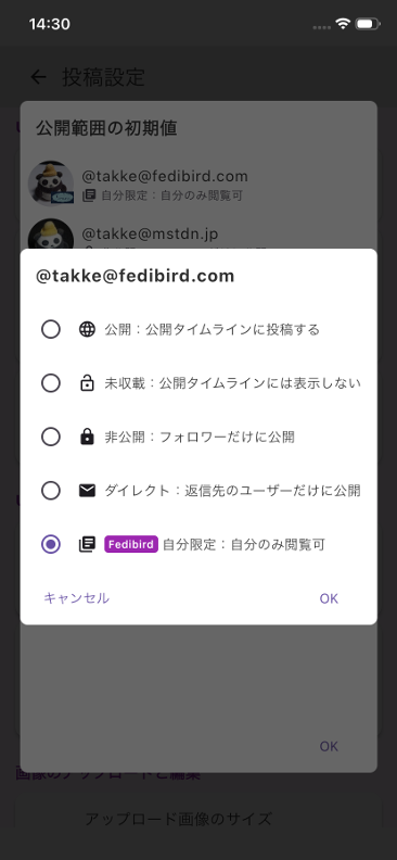 アカウントの公開範囲のデフォルト設定を変更する画面です。Fedibirdやkmy.blue限定の公開範囲にも対応しています。