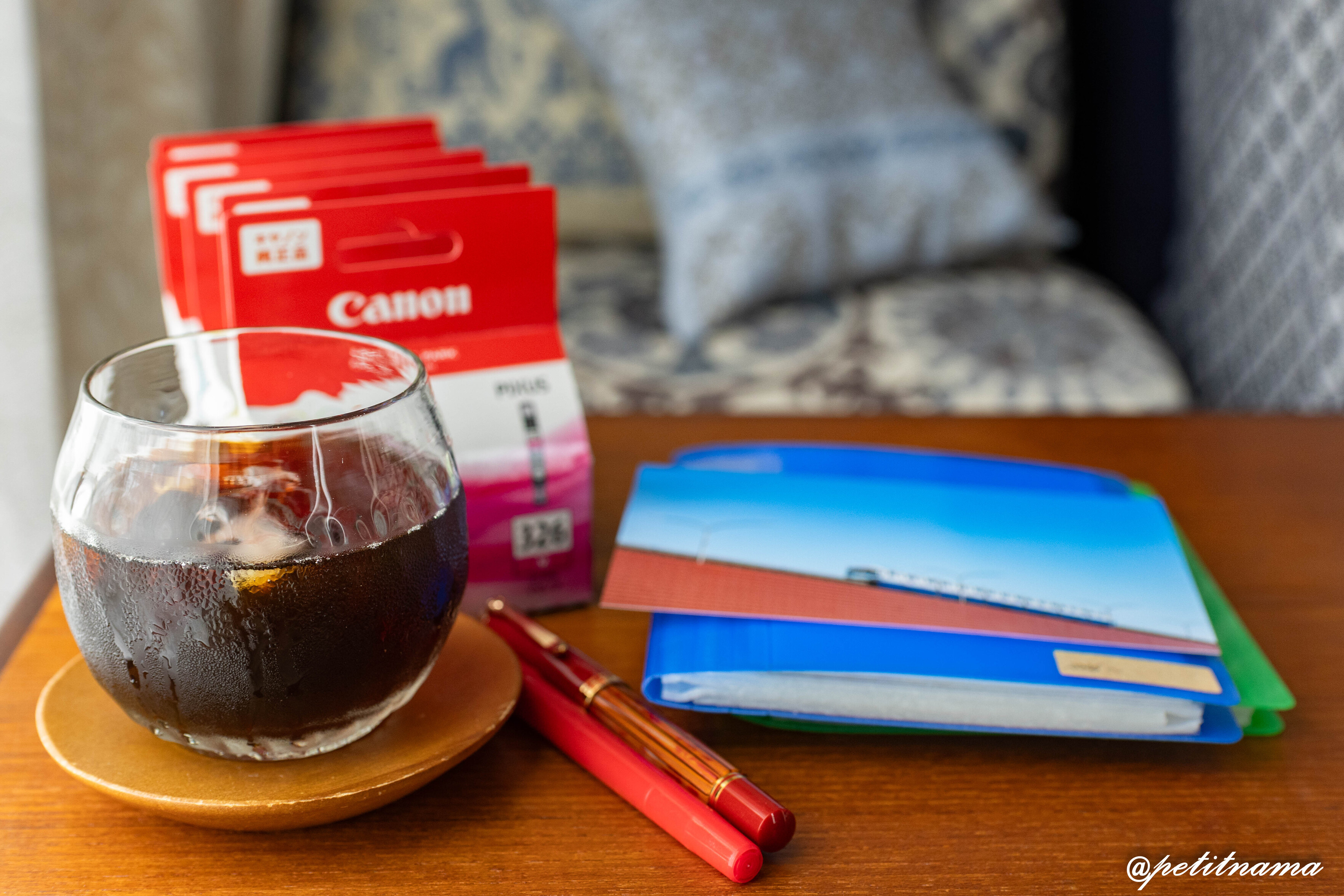 iced coffee, printer inks, fountain pen(Pelikan), pen (muji), photo albums