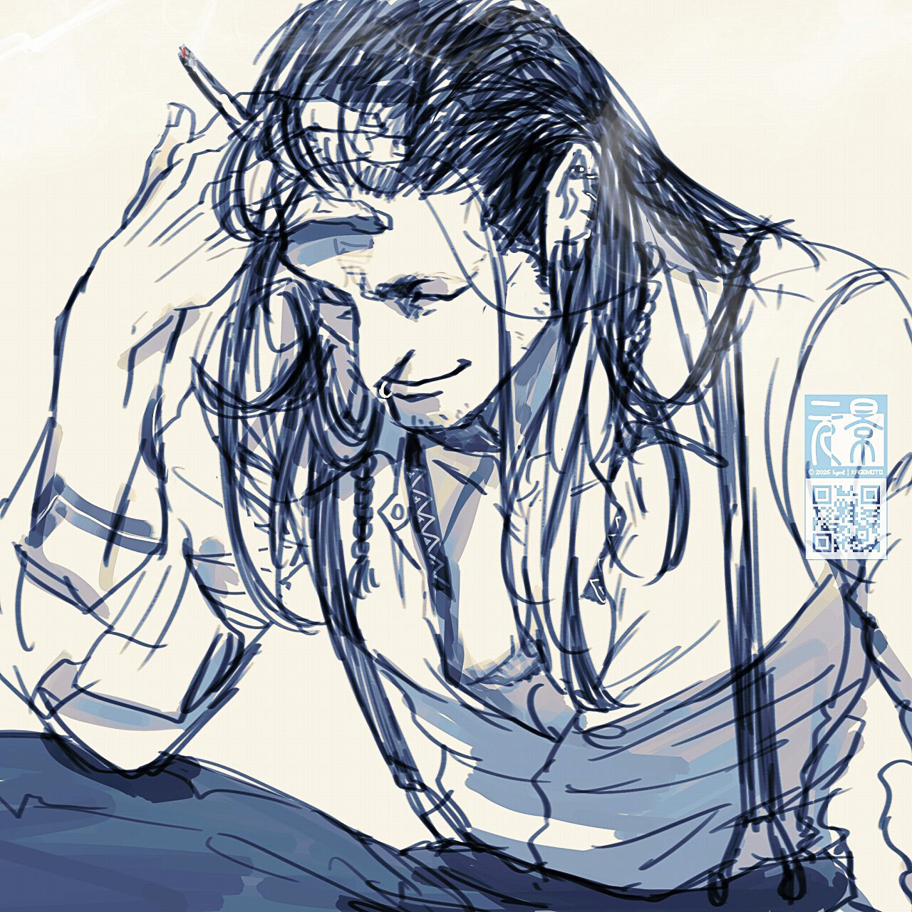 A monochrome line drawing of a long-haired man with suspenders, holding a burning cigarette in his right hand while resting his forehead on his fingers. Smoke rises gently around him.