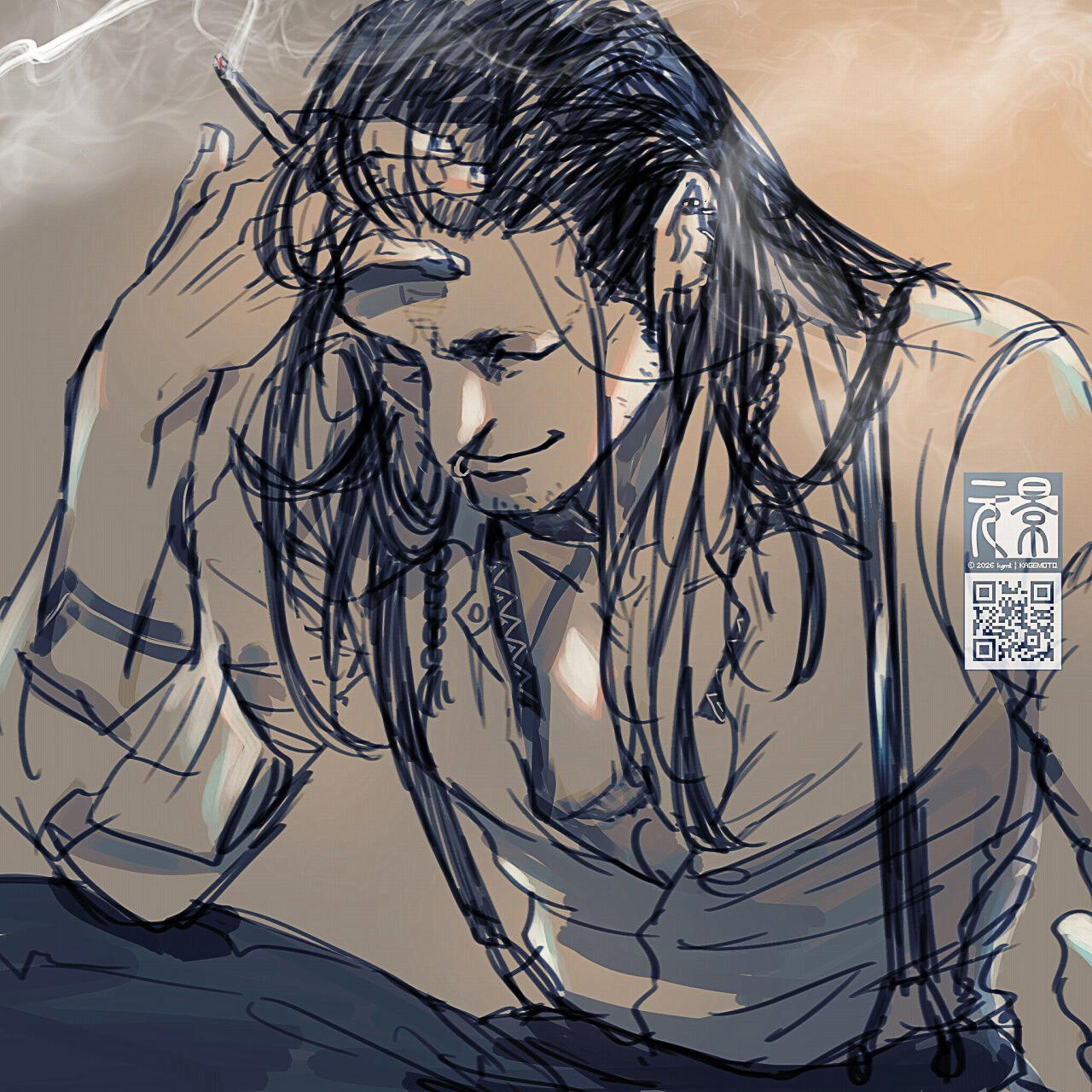 A monochrome line drawing of a long-haired man with suspenders, holding a burning cigarette in his right hand while resting his forehead on his fingers. Smoke rises gently around him.